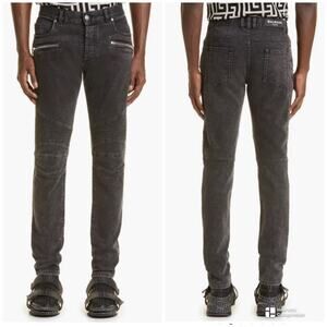 Balmain Moto Slim Fit Men's Jeans Size 32 Washed Faded Black EUC Zippers Biker